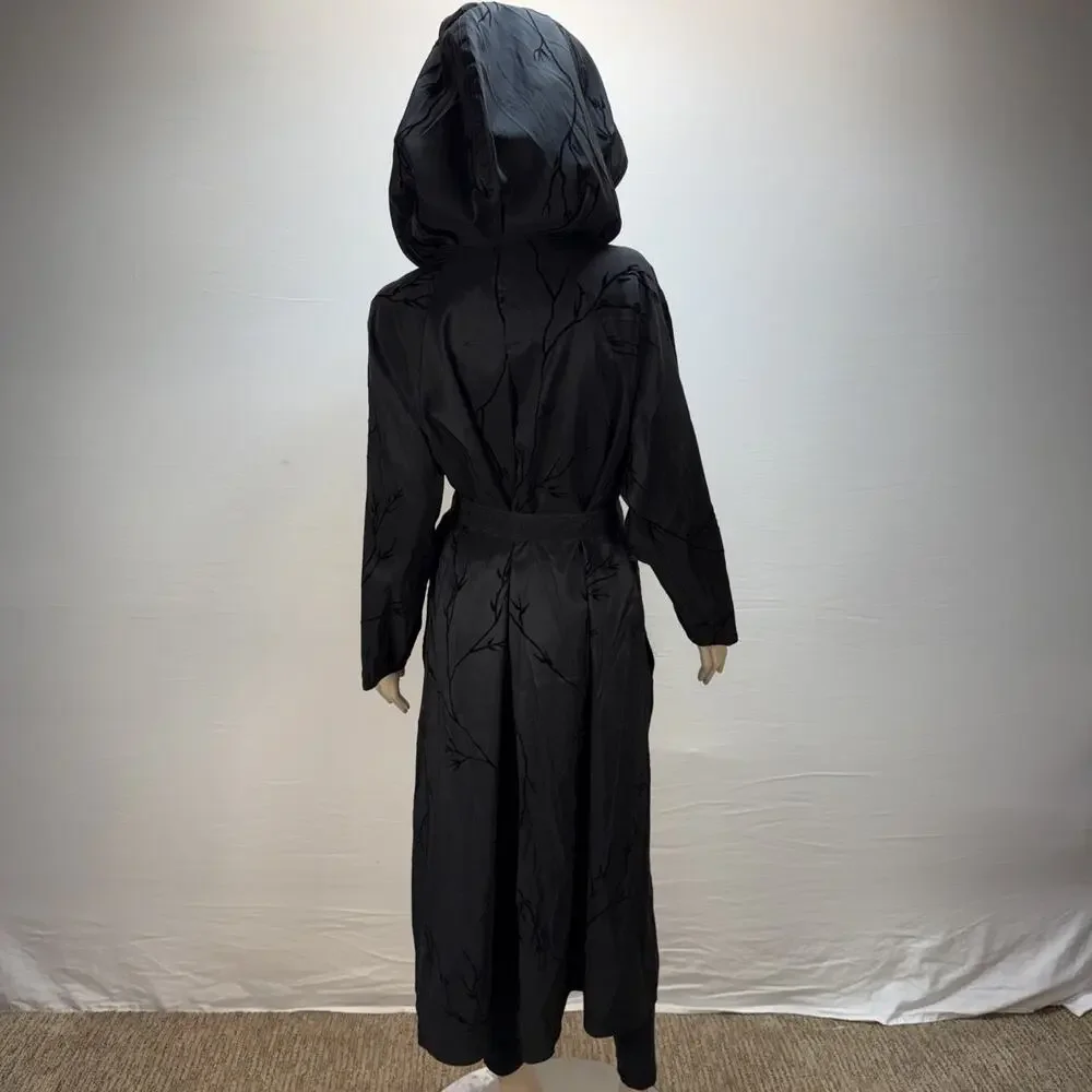 MYCRA PAC Long‎ Donatella Raincoat Size M/L Black Reversible Velvet Vines Hooded